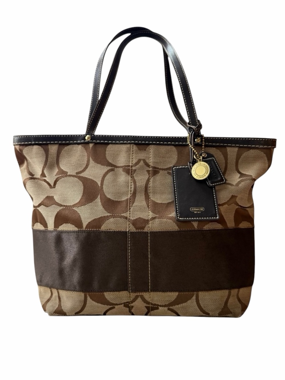 Coach Signature Stripe Tote 10124 Khaki Brown Jacquard Canvas Leather Bag